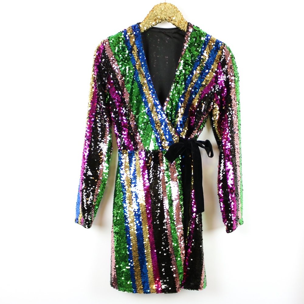 Colorful Rainbow Wrap Sequin Cocktail Dress - Picture 6 of 8